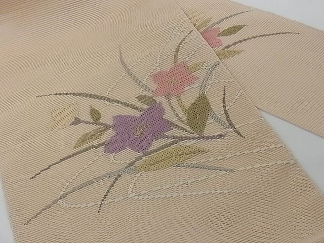 平和屋-こころ店■夏物　絽綴れ　八寸名古屋帯　絽刺し　区限刺繍　秋草文　金糸　正絹　逸品　AAAE4261Awj_画像2