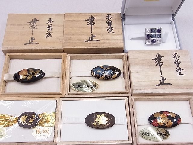 平和屋2■和装小物　帯留め6点　本曽塗　天然石　象嵌　やまと誂製　逸品　DAAC8393zzz_画像1