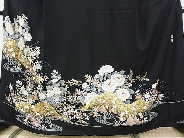 平和屋2■豪華黒留袖　作家物　刺繍　流水花文　金彩　逸品　DAAC6339fe_画像3