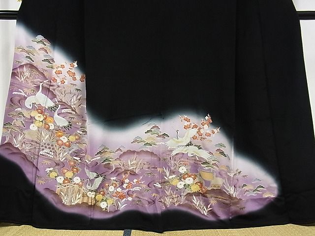 平和屋-こころ店■豪華黒留袖　駒刺繍　流水飛鶴文　松竹梅　暈し染め　金彩　正絹　逸品　AAAE1603Bzg_画像3