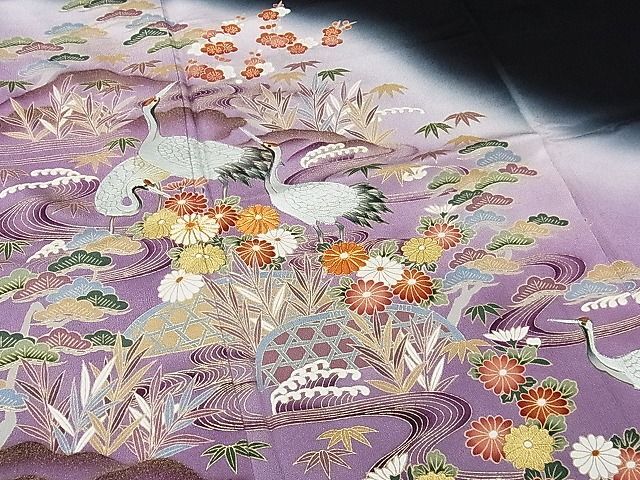 平和屋-こころ店■豪華黒留袖　駒刺繍　流水飛鶴文　松竹梅　暈し染め　金彩　正絹　逸品　AAAE1603Bzg_画像4