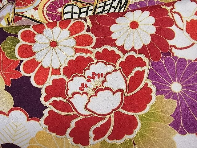 平和屋1■豪華振袖　駒刺繍　束ね熨斗御所車花文　金銀彩　京都きもの友禅扱い　逸品　CAAB9422ut_画像8