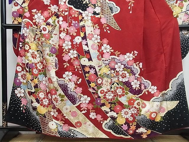 平和屋1■豪華振袖　駒刺繍　束ね熨斗御所車花文　金銀彩　京都きもの友禅扱い　逸品　CAAB9422ut_画像3