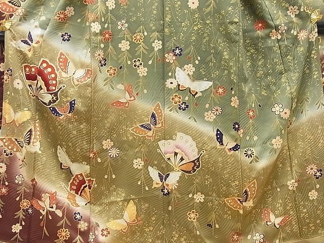  flat peace shop Noda shop # gorgeous long-sleeved kimono Mai butterfly branch shide . Sakura writing .. dyeing gold paint excellent article BAAD7032cw