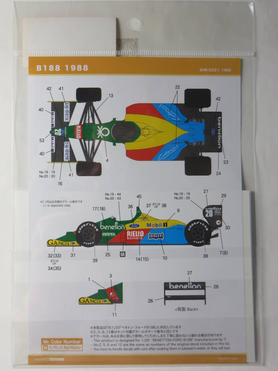 シュンコーモデル 1/20 ベネトン フォード B188 デカールセット タミヤ SHUNKO MODELS_画像1の裏側