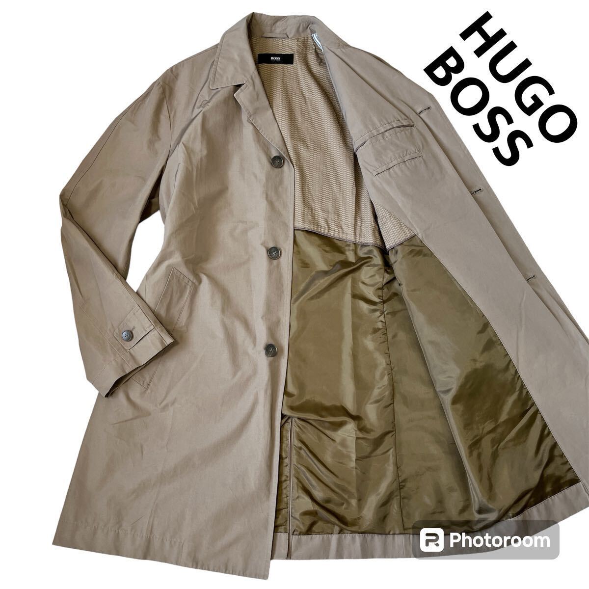 XLサイズ 極美品 ◎ HUGO BOSS ヒューゴボス ステンカラーコート ロング ロゴ金具 ライトアウター スプリング 春夏 トレンチ 50 ベージュ系の画像1