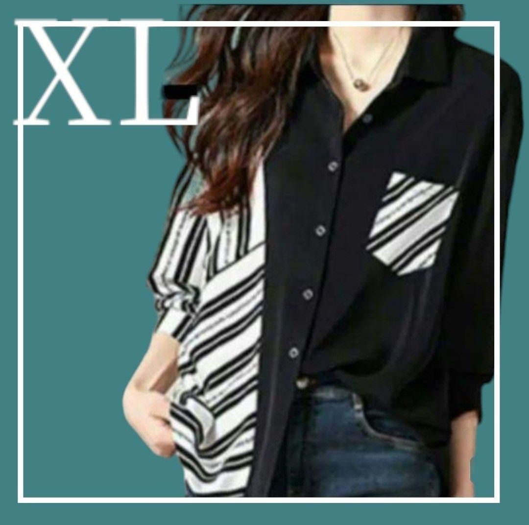 新品未使用　韓国系　レディース　シャツ　ブラウス　XL 　黒　白　長袖　ブラック