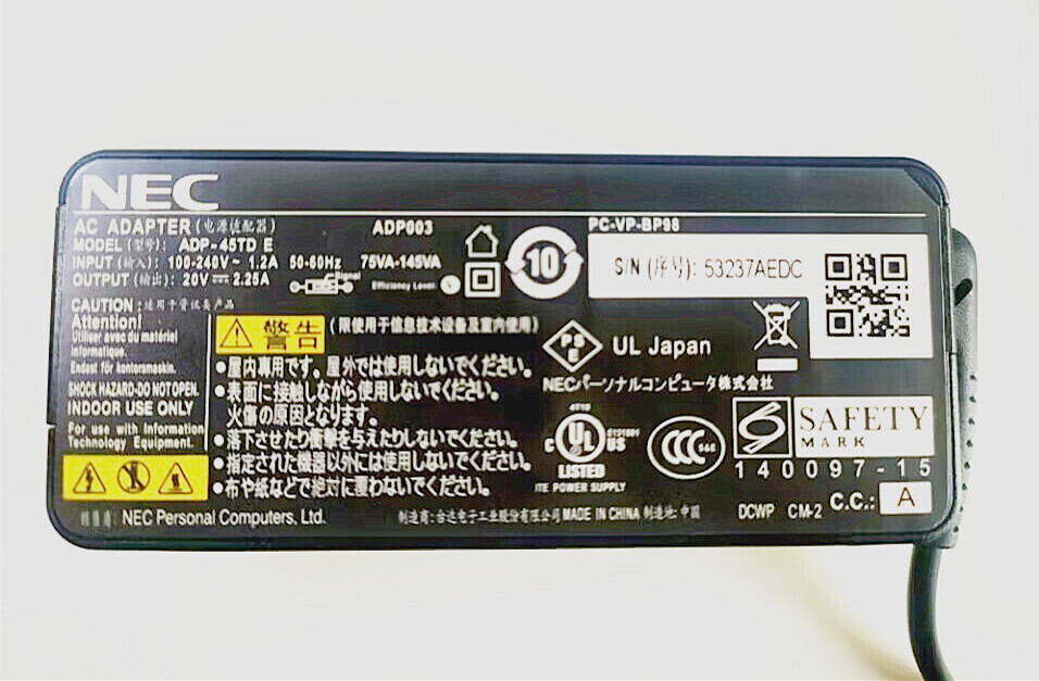 【純正新品！】NEC アダプタ ADP003 PC-VP-BP98（ADP-45TD E/A13-045N1A共通）20V2.25A VersaProLaVie Z用/ADP007/PC-VP-WP144/A14-014N1A_画像1