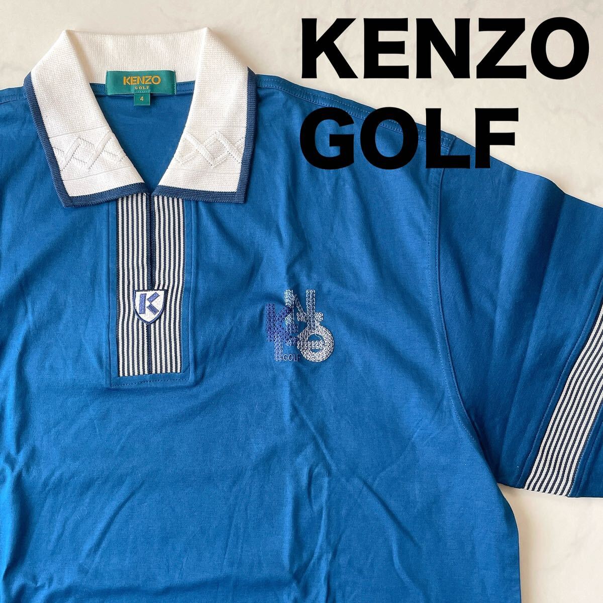 未使用/KENZO GOLF 半袖 ポロシャツ 刺繍ブランドロゴ ストライプ ワッペン L ブルー 青 希少 メンズL ゴルフウェア 希少 ケンゾーゴルフ