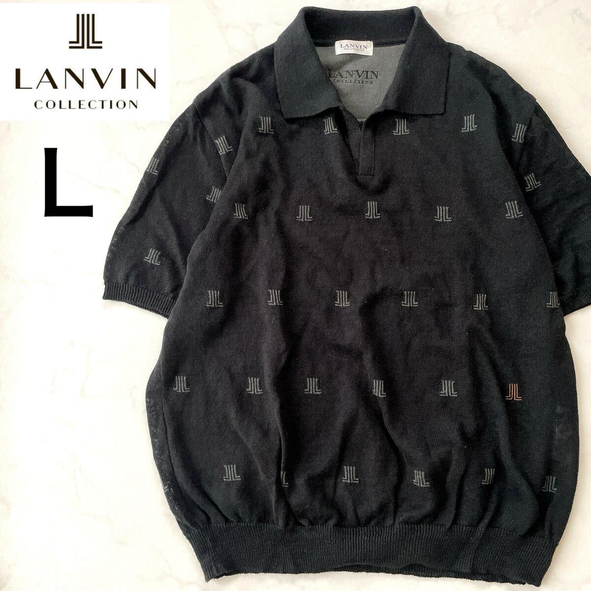 ロゴ総柄 ランバンコレクション リネン 薄手 サマーニット 襟 メンズL 半袖 ポロシャツ 黒 ブラック 日本製 LANVIN COLLECTION_画像1