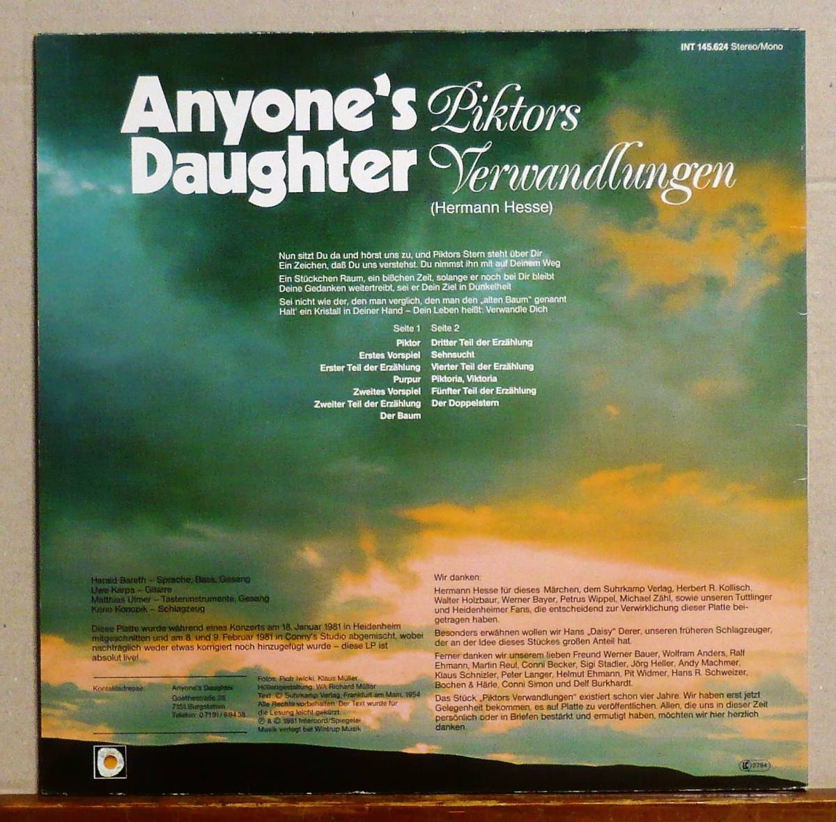 独LP●ANYONE'S DAUGHTER／Piktors Verwandlungen　ヘルマン・ヘッセによる詩の朗読を挟みながら進行する楽曲は叙情的なシンフォ系_画像2