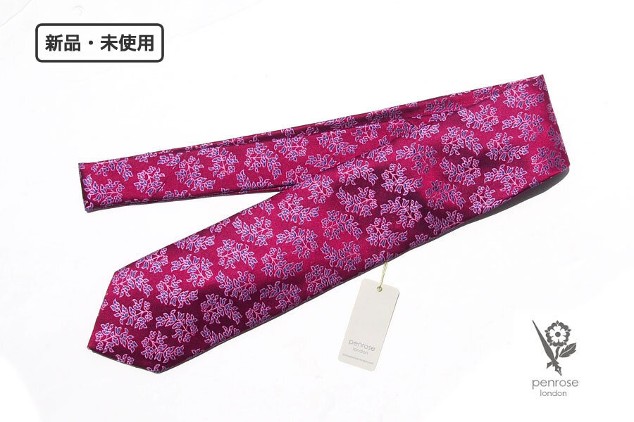 送料無料★新品｜未使用｜ペンローズ ロンドン｜penrose london｜リーフ柄シルクネクタイ｜Rose Red Base Blue leaf Jacquard_画像1