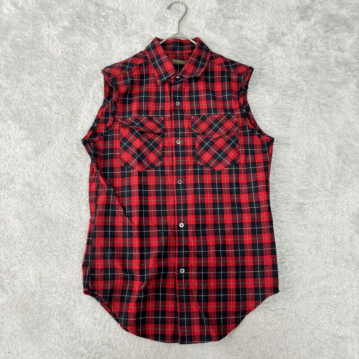 美品 日本製 モンキータイム M 赤 チェック柄ノースリーブシャツ メンズ