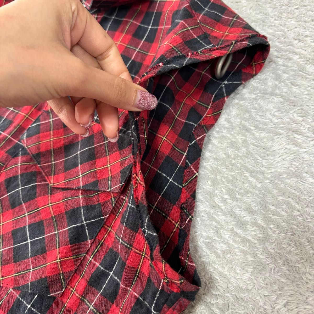 美品 日本製 モンキータイム M 赤 チェック柄ノースリーブシャツ メンズ