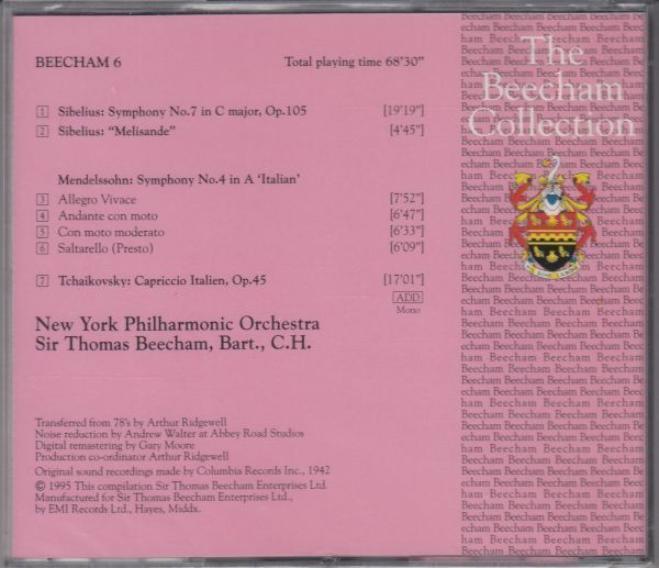 [CD/Beecham Enterprises]メンデルスゾーン:交響曲第4番イ長調他/T.ビーチャム&ニューヨーク・フィルハーモニック管弦楽団 1942_画像2