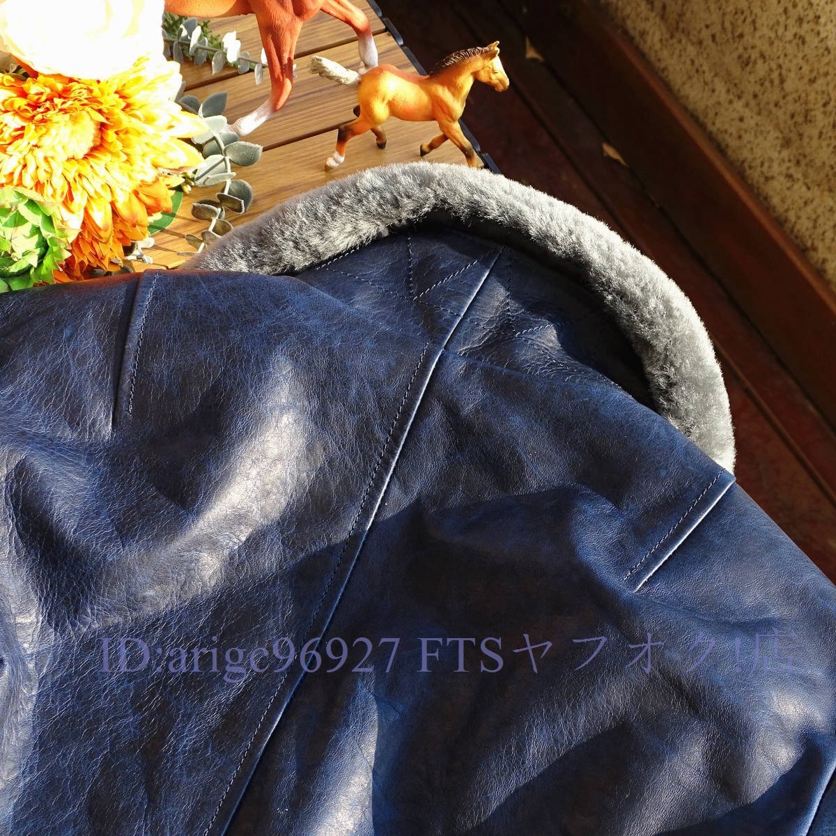 B7408☆新品フライトジャケット 本革 メンズ ウール 襟取り外し可能 馬革 ホースハイド 革ジャン S～5XL ネイビー_画像4