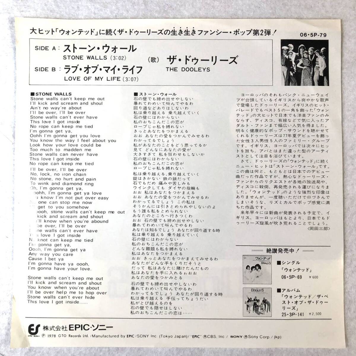 m510 EPレコード【ストーン・ウォール /ザ・ドゥーリーズ 】_画像2