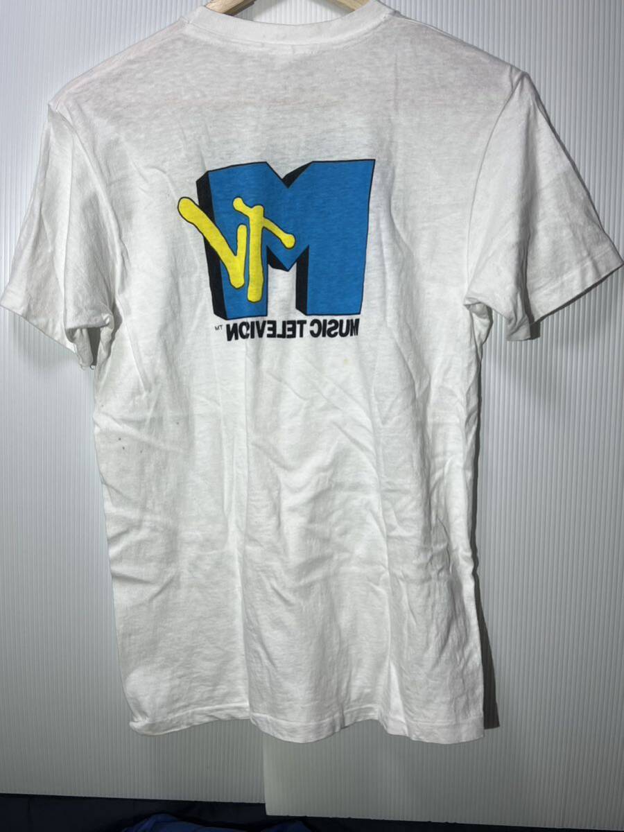 80s MTV ヴィンテージ Tシャツ 染み込み プリント 白 M USA製 MUSIC TELEVISION POP ROCK の画像2