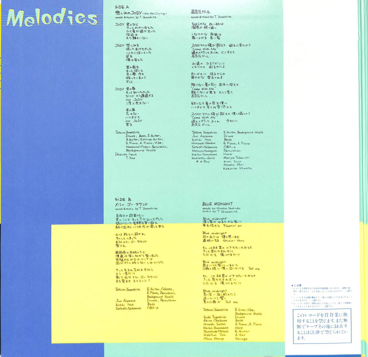 A00593737/LP/山下達郎「Melodies (1983年・MOON-28008・吉田美奈子作詞有・グレン・キャンベルのカヴァー曲収録)」の画像3