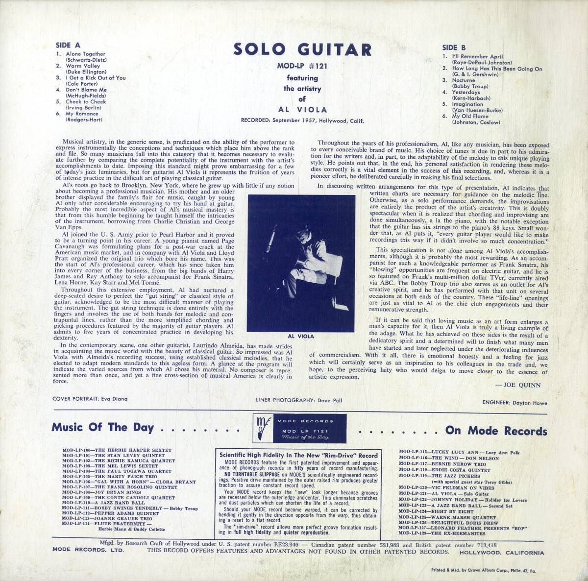 A00593878/LP/アル・ビオラ (AL VIOLA)「Solo Guitar (1989年・MOD-LP-121・183g重量盤・MONO・クールジャズ)」の画像2