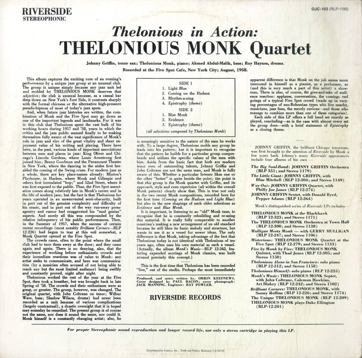 A00593899/LP/セロニアス・モンク・カルテット with ジョニー・グリフィン「Thelonious In Action (1984年・OJC-103・ハードバップ)」の画像2