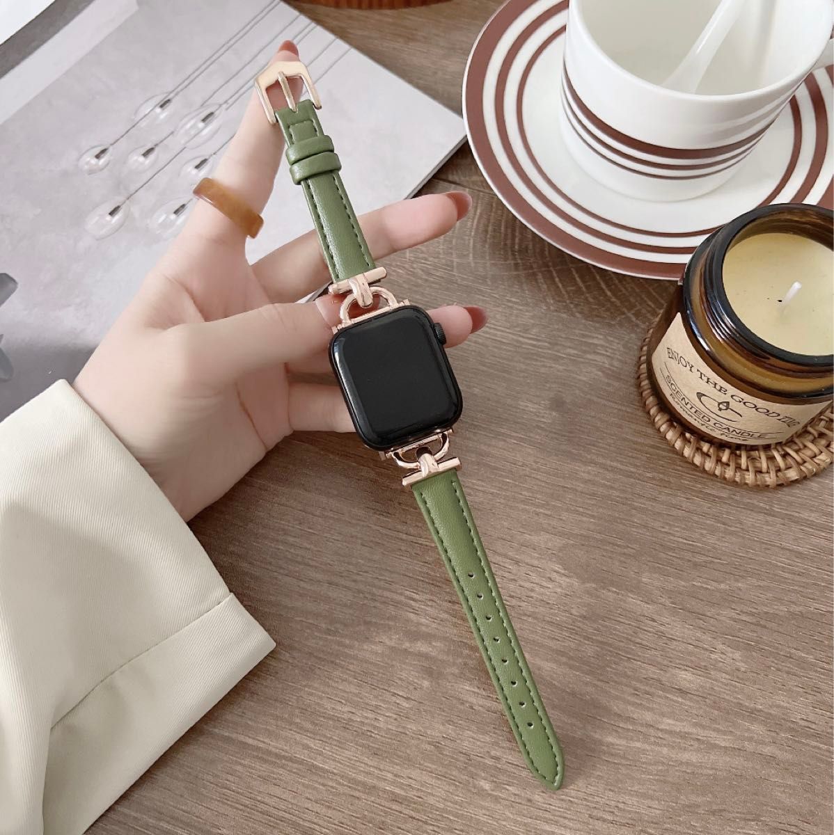 Apple Watch アップル ウォッチ フェイクレザー ブレスレット バンド 42/44/45mm　グリーン+ローズバックル
