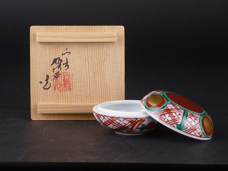 【扇屋】平安 高野昭阿弥「赤丸 香合」共箱 幅 約5.5cm 高さ 約3.5cm 棗 香合 茶碗 茶道具 平安 京焼 T_画像2