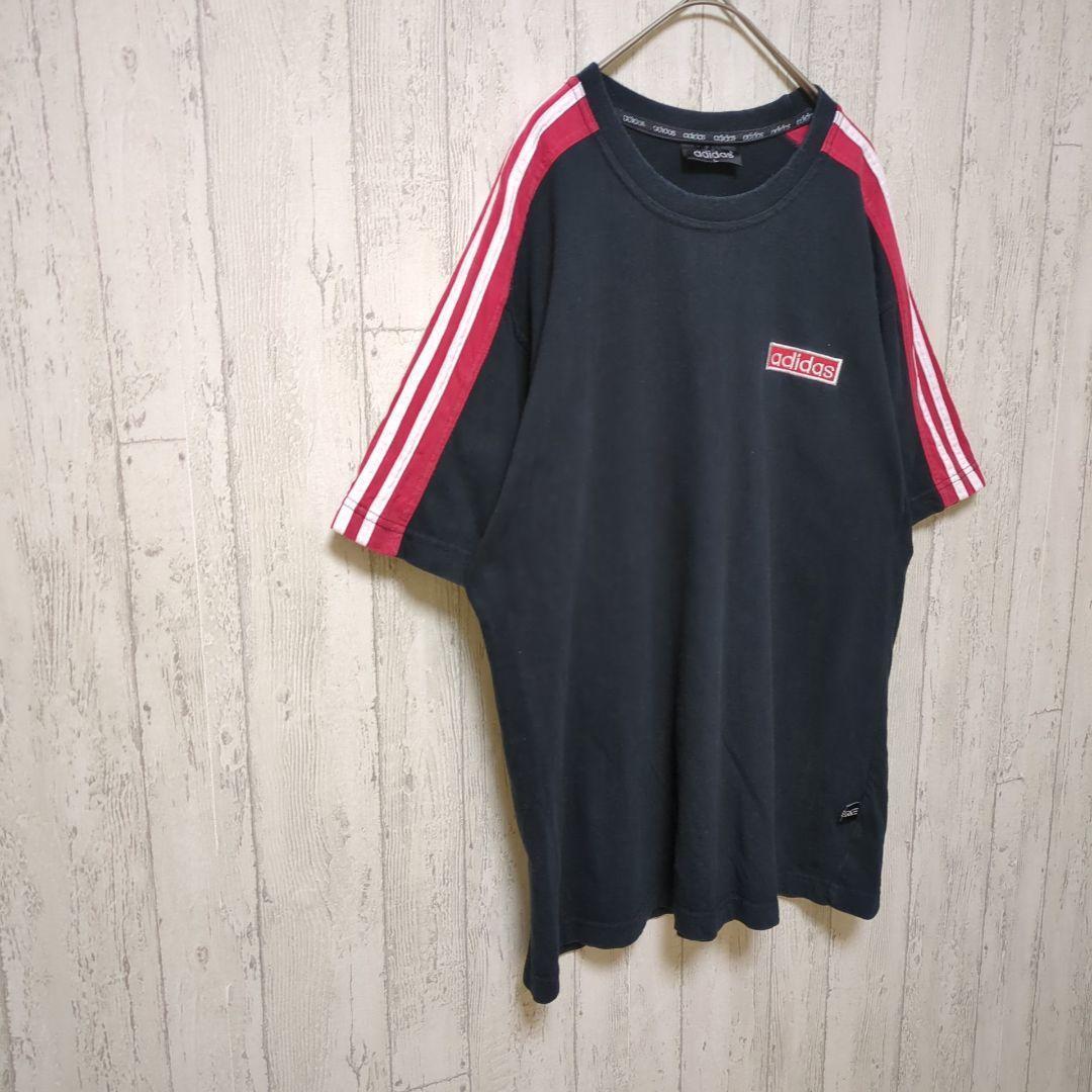 adidas　ビンテージ　Tシャツ　スリーライン　山ロゴ　古着　黒×赤　#h678