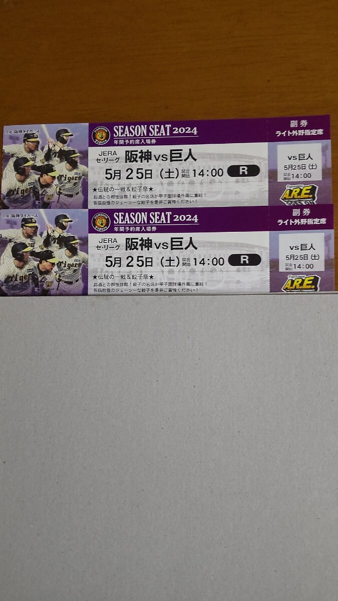 5月25日(土) 阪神VS巨人 ライト外野指定席通路側連番ペア売り _画像1