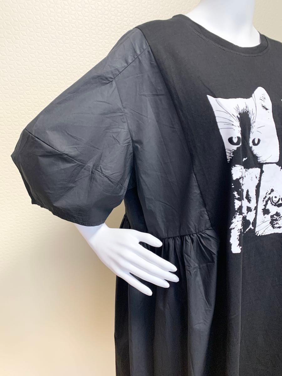 切替デザイン　チュニック　レディス　Tシャツ　猫プリント　サイドギャザー　黒　大きめサイズ　ふんわり袖　半袖　