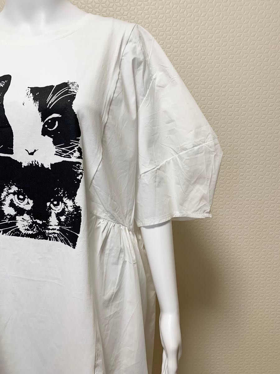 切替デザイン　チュニック　レディス　Tシャツ　猫プリント　サイドギャザー　ホワイト　大きめサイズ　ふんわり袖　半袖　