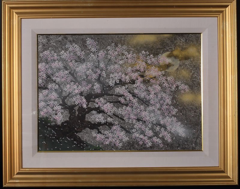 [ круг глициния ][ подлинный кисть ].. месяц внизу Sakura .( картина изобразительное искусство красоты природы цветок Sakura японская живопись пейзаж )