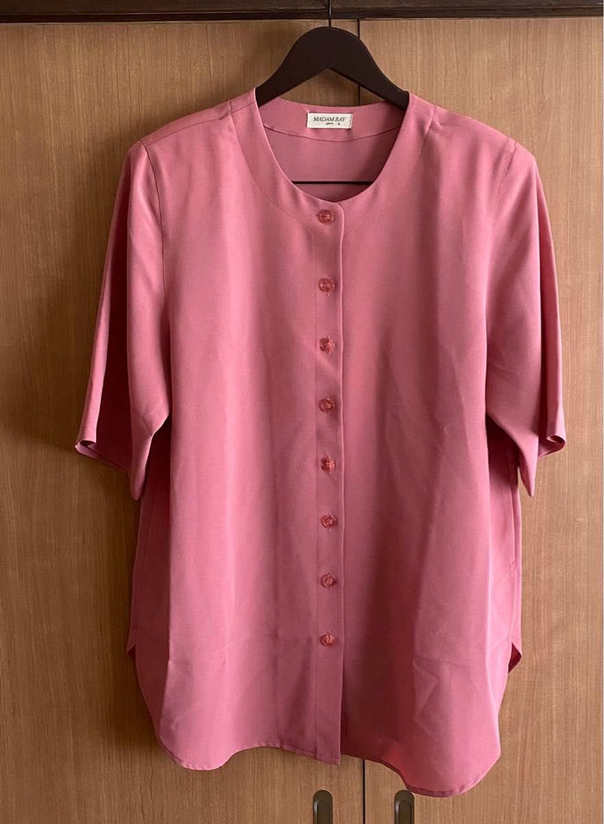 婦人服　ブラウス  半袖　ミセス　10号　ゆったり　ノーカラー　トップス　オーバーブラウス　レディース　シャツ　ピンク　日本製