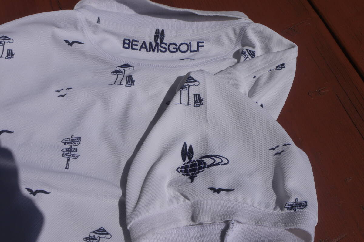 美品!!BEAMSGOLF ビームスゴルフ BEAMSGOLF サイズL 半袖ポロシャツ 白色×紺色文字_画像4