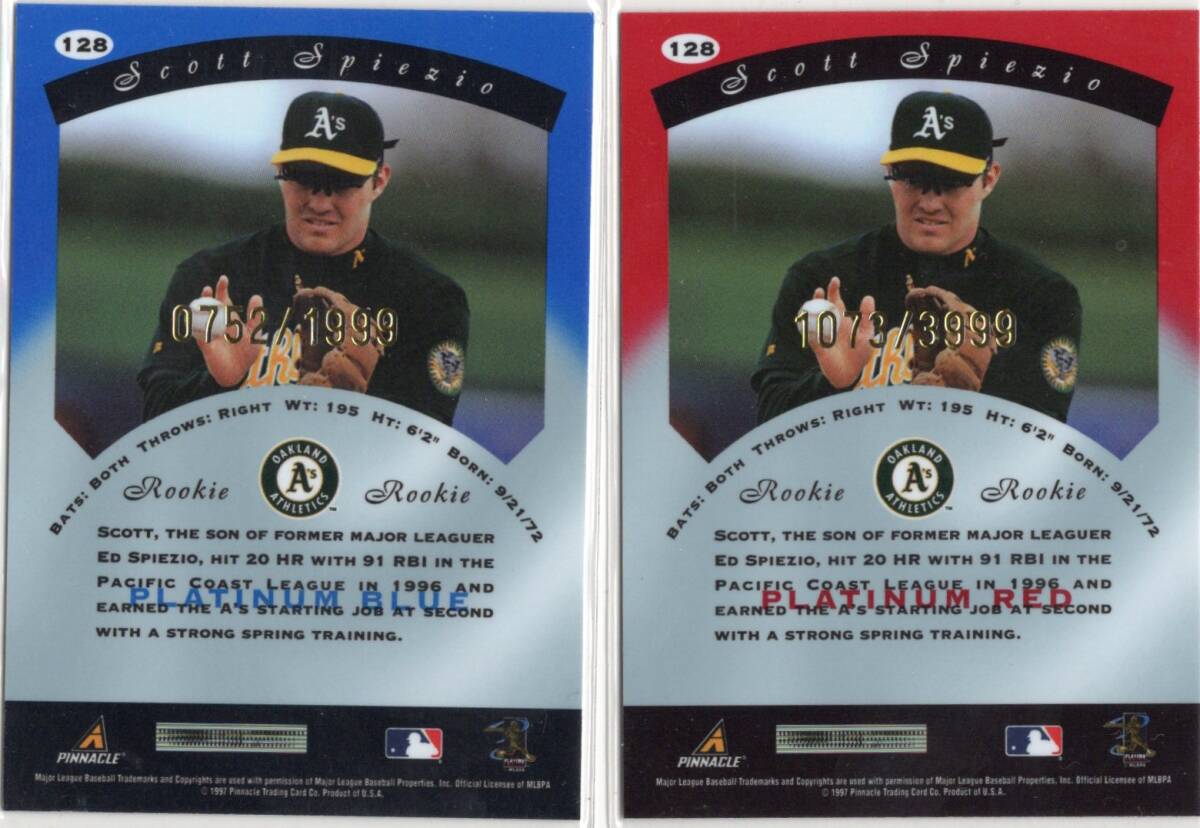 MLB1997 Pinnacle Totally Certified Platinum　Blue &Red 2種セット #128 SCOTT SPIEZIO スコット・スピージオ　 新品ミント状態品_画像2