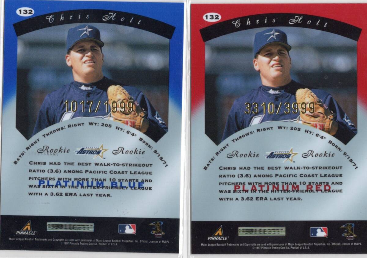 MLB1997 Pinnacle Totally Certified Platinum　Blue &Red 2種セット #132 CHRIS HOLT クリス・ホルト　 新品ミント状態品_画像2