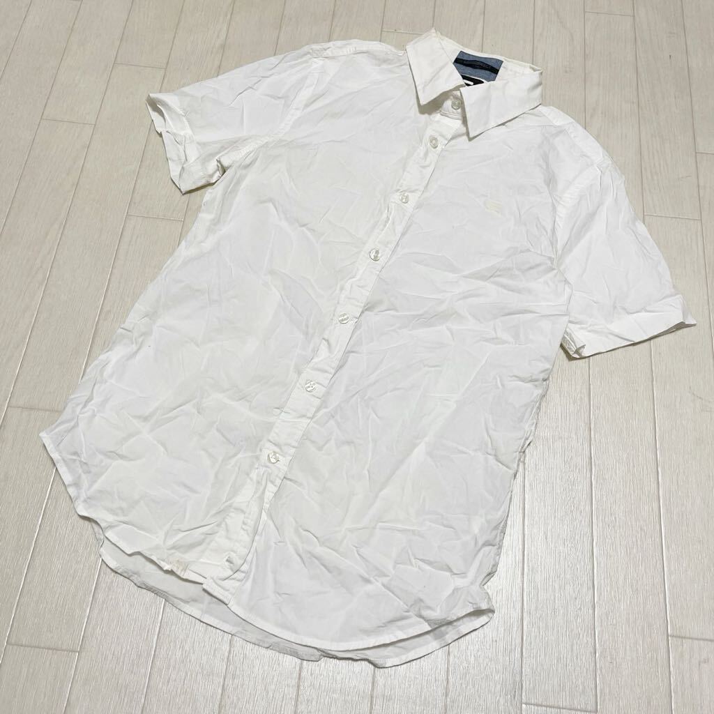 和327★ G-STAR RAW ジースターロゥ 半袖 ボタンシャツ ワンポイント ロゴ刺繍 L ホワイト メンズ_画像1