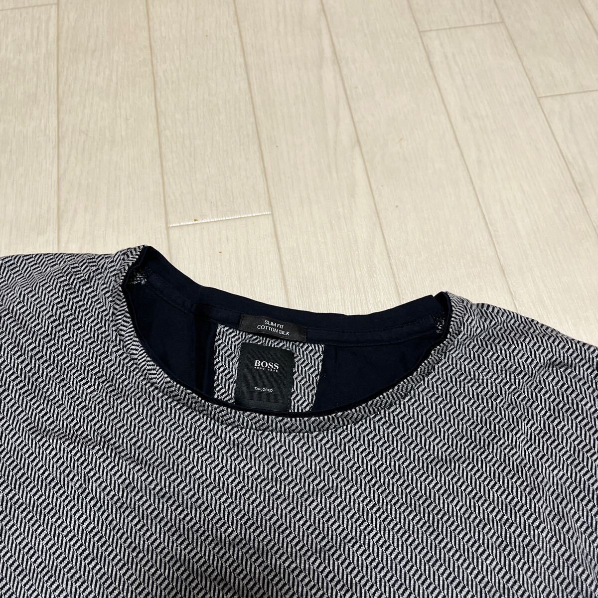 和319★ BOSS HUGO BOSS SLIMFIT ヒューゴボス 半袖 切替 カットソー シルク混 L グレー ネイビー_画像3