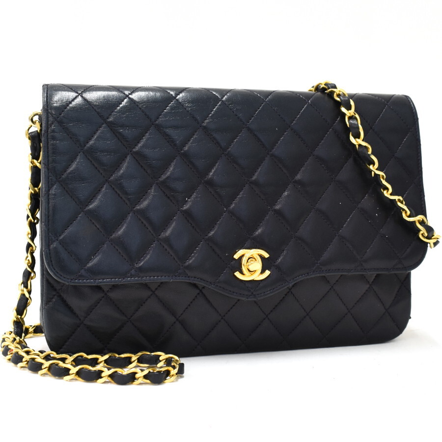 1円 ◎美品 CHANEL シャネル チェーンショルダーバッグ マトラッセ ココマーク ラムスキン ネイビー ヴィンテージ◎E.Dspm.tI-18の画像1