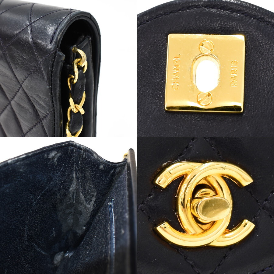 1円 ◎美品 CHANEL シャネル チェーンショルダーバッグ マトラッセ ココマーク ラムスキン ネイビー ヴィンテージ◎E.Dspm.tI-18の画像9