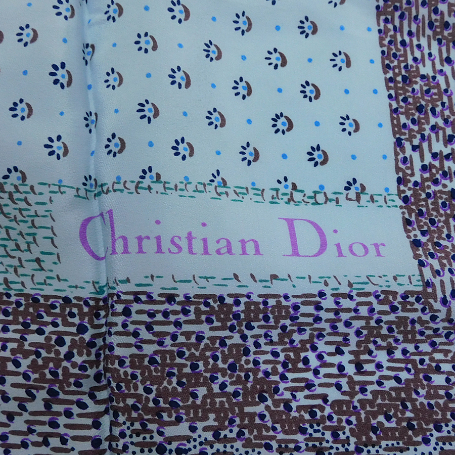 1円 ■ クリスチャンディオール スカーフ シルク アクアブルー系 花 鳥 柄 お洒落 女性 Christian Dior ■K.Blgm.oR-00_画像4