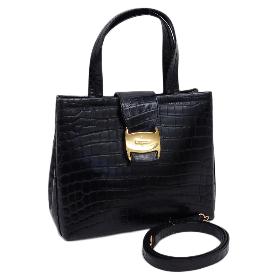 1 jpy # beautiful goods Ferragamo 2way bag AQ-218252 black group leather Salvatore Ferragamo #K.Csr.tI-14