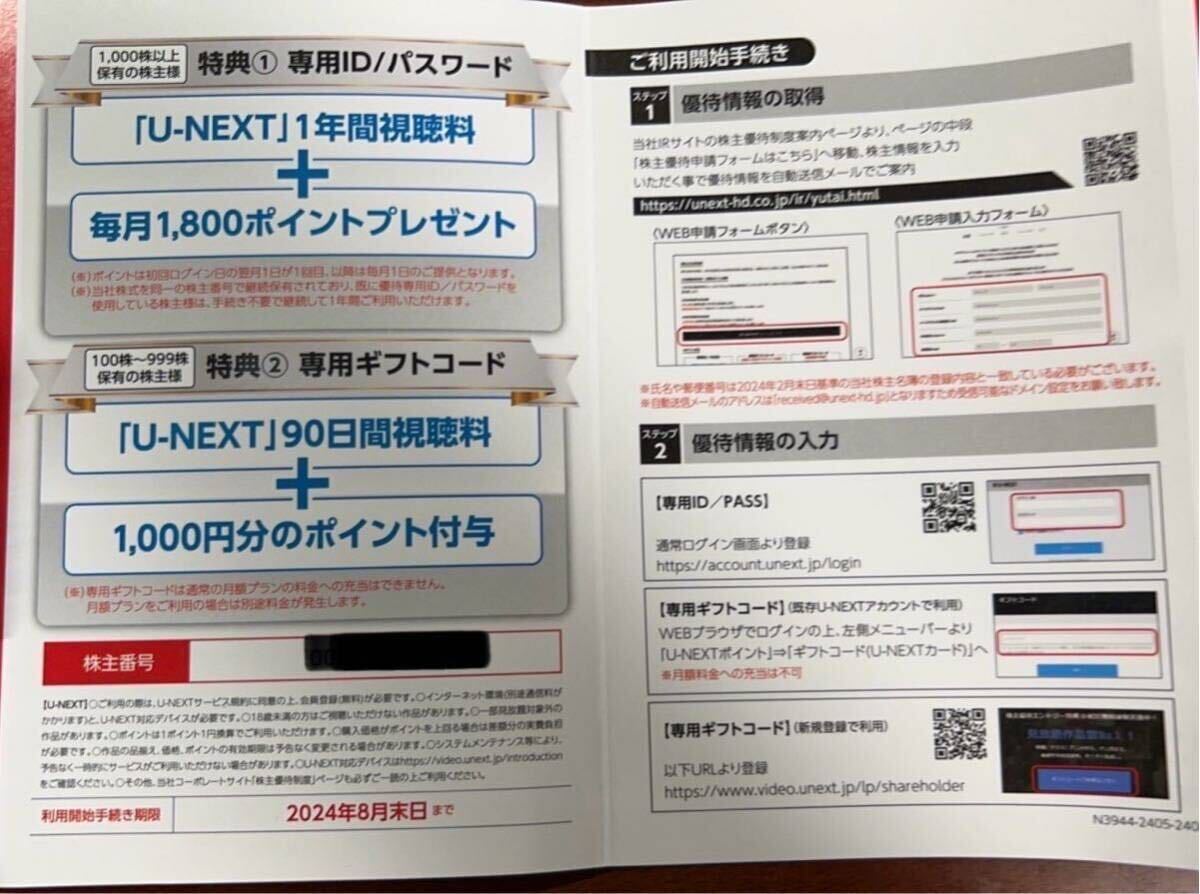 【通知のみ】U-NEXT 株主優待 90日間視聴料 1000円分ポイント_画像1