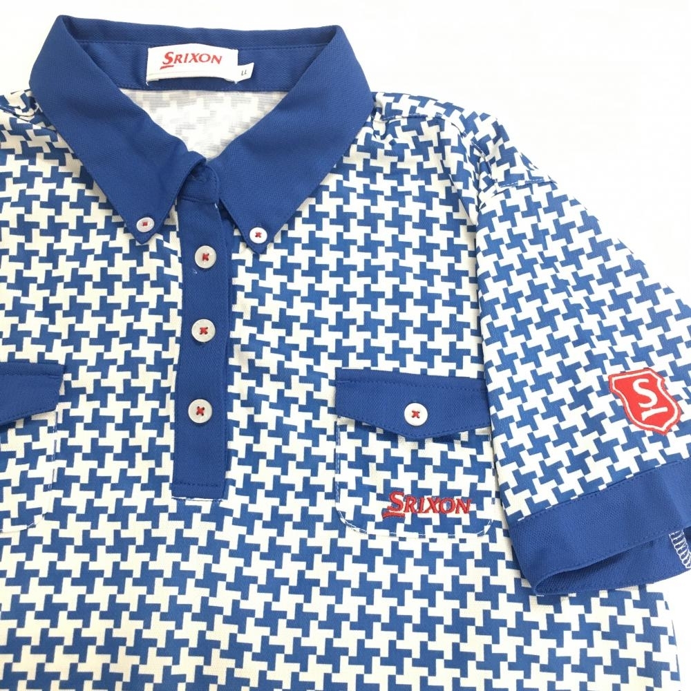 【超美品】スリクソン 半袖ポロシャツ 白×ブルー 総柄 胸2ポケット付 レディース LL ゴルフウェア SRIXONの画像3