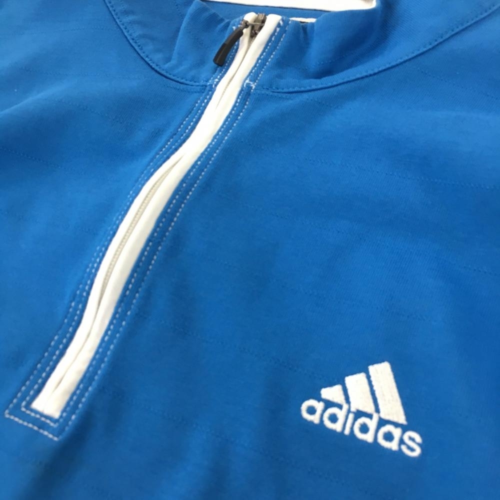 アディダス 長袖ハイネックシャツ ブルー×白 ロゴ刺しゅう ハーフジップ メンズ M ゴルフウェア adidas_画像3