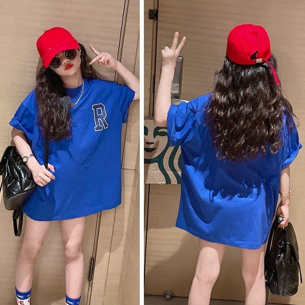 [5 sheets summarize ] [ new goods ]160cm dance costume BIG T-shirt t shirt girl Junior long height short sleeves blue 