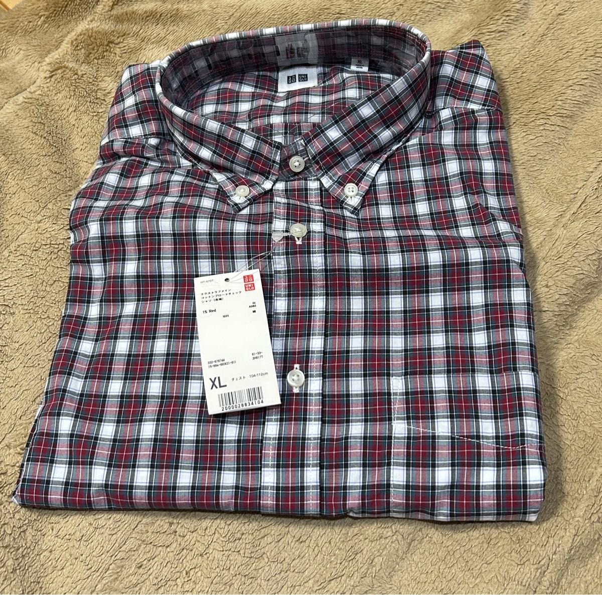 未使用UNIQLO メンズ  エクストラファイン  コットン ブロード チェック シャツ 長袖シャツ XL  ボタンダウン RED