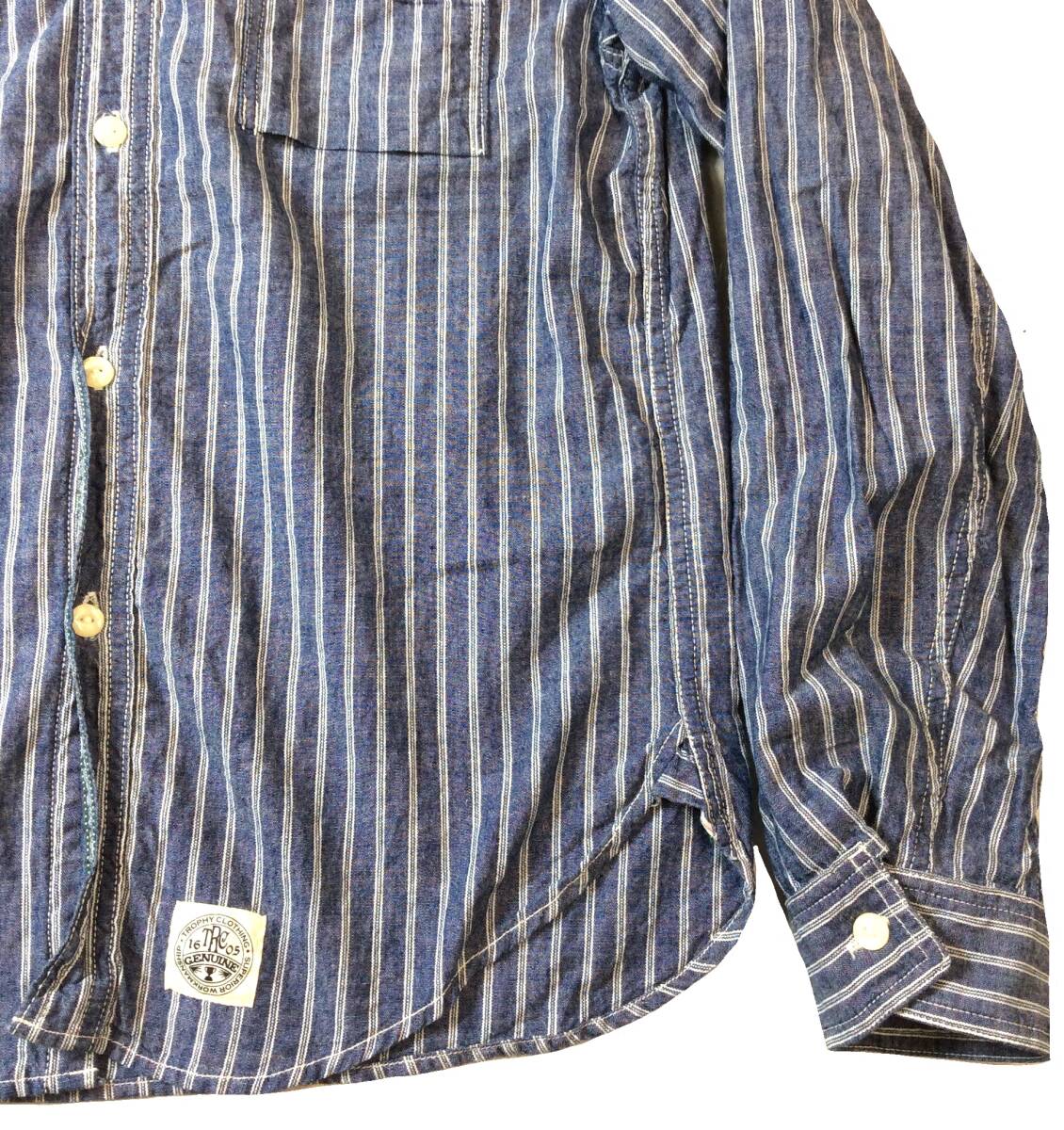 TROPHY CLOTHING トロフィークロージング ストライプ ワークシャツ シャンブレーシャツ 水色/白 コットン 15 送料250円_画像5