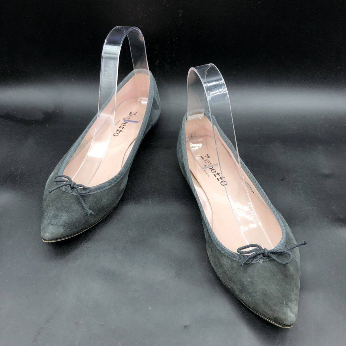 M2850 repetto レペット フラットシューズ バレエシューズ リボン スエード レディース 37/23.5cm相当 グレー 靴_画像4