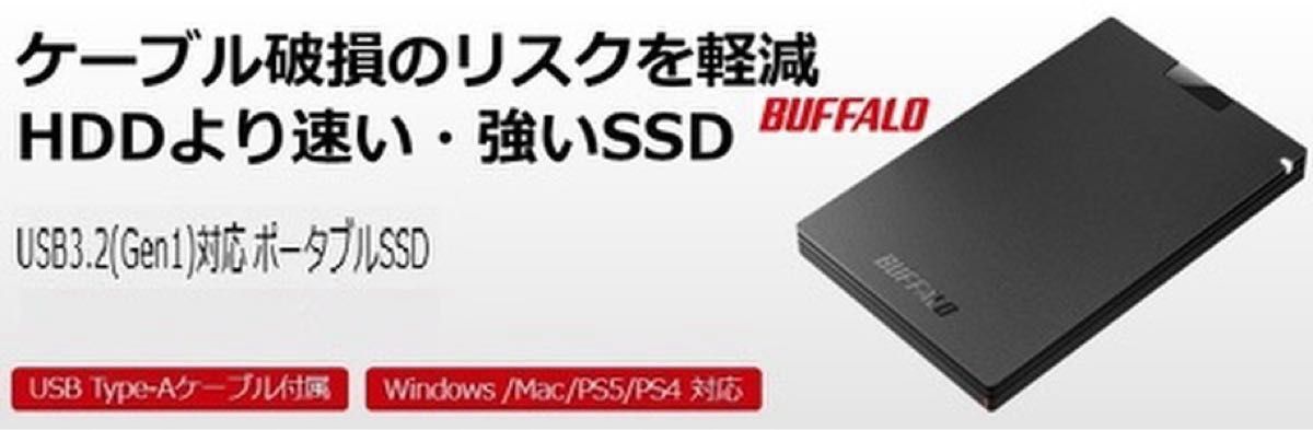 外付けポータブル SSDで高速化★500GB TypeA★Win/Mac/PS5/PS4★バッファローSSD-PG500U3-BC